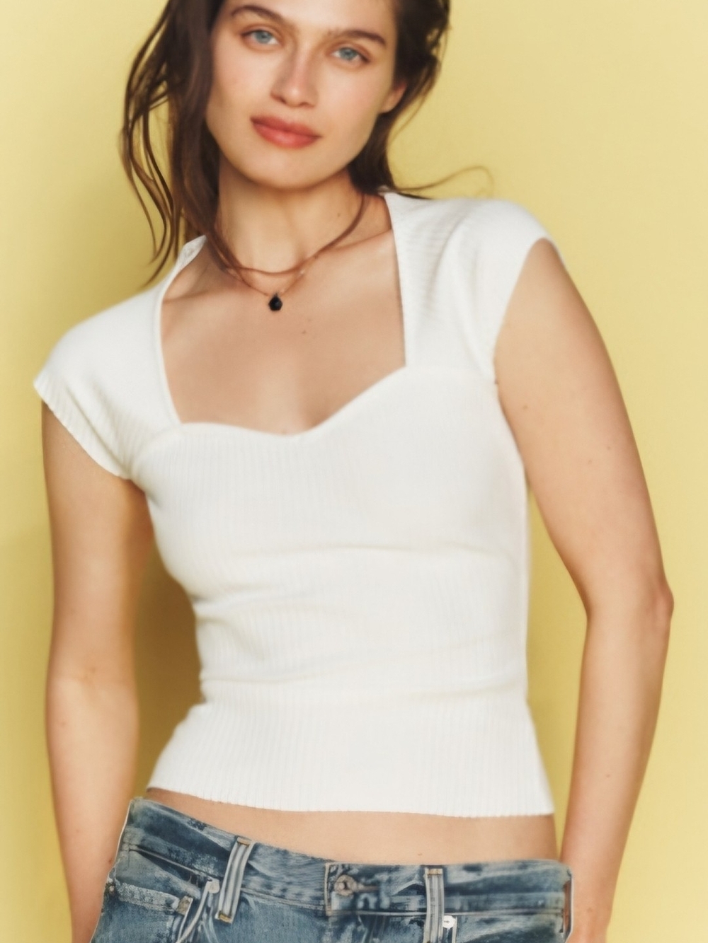 White Ribbed Cap-Sleeve Knit Top